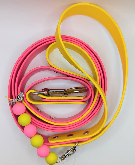 1 inch Wide Biothane Dog Leash - 6 Foot Bright Pink and Yellow