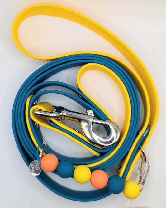 1 inch Wide Biothane Dog Leash - 6 Foot Dark Teal and Yellow